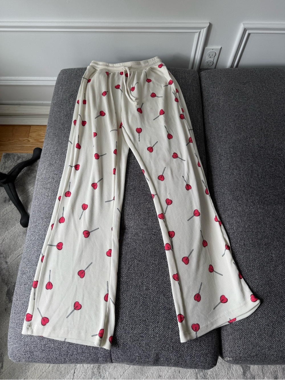 Cozy cream Lounge Waffle Pants with Red Cherry Print